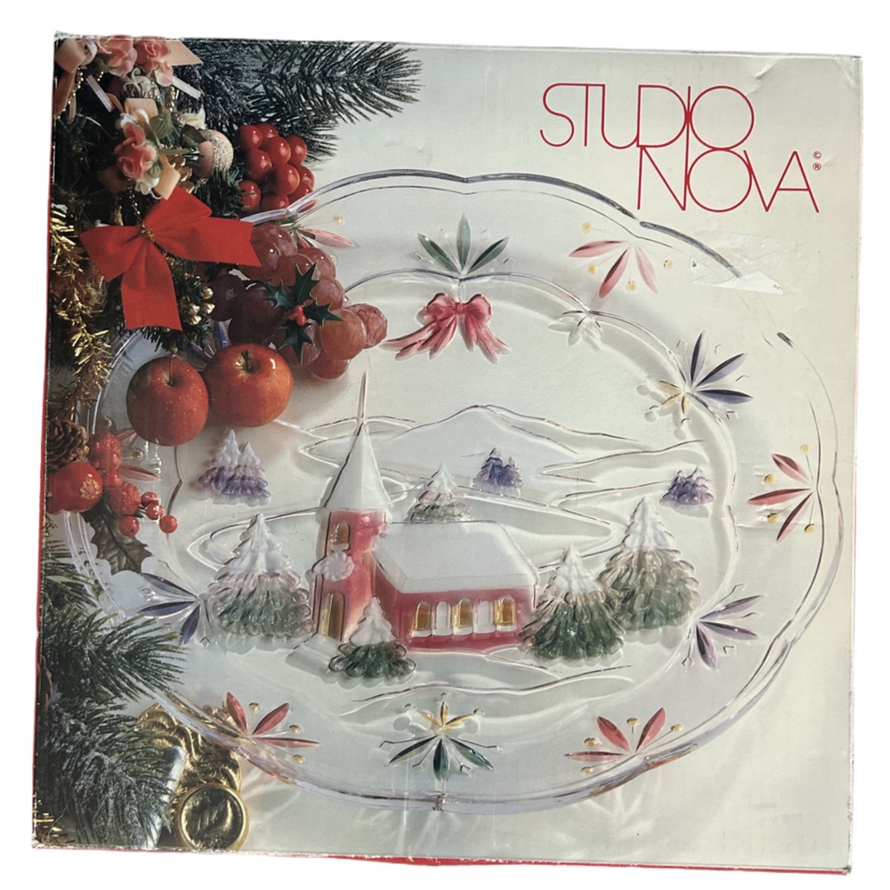 VTG 90s Studio Nova holiday festival serving platter colored glass chapel NEW